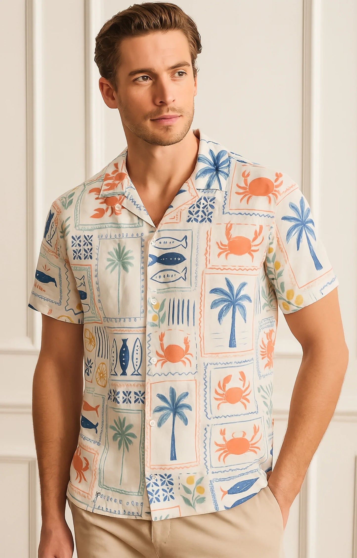 Cream Forest Printed Mens Half Sleeves Shirt