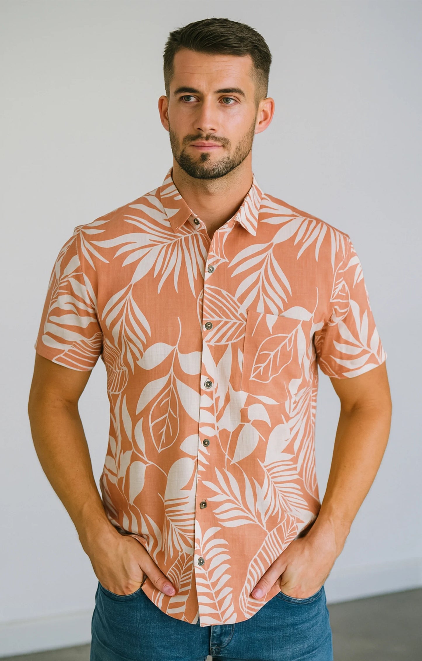 Orange Floral Printed Mens Half Sleeves Shirt
