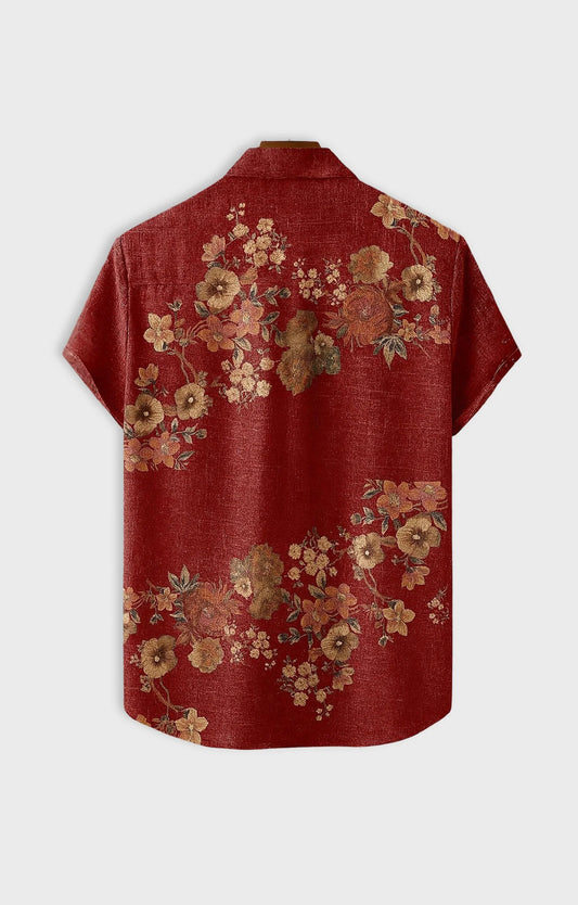 Red Flower Printed Mens Half Sleeves Shirt