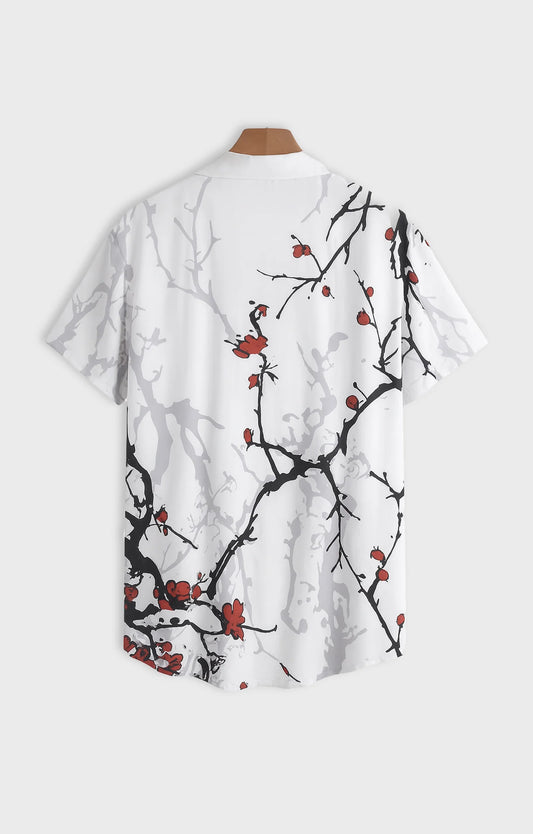 Red Stem and Tree Printed Mens Half Sleeves Shirt