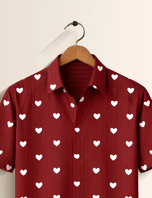 Maroon Ace of Heart Printed Mens Half Sleeves Shirt - XPST