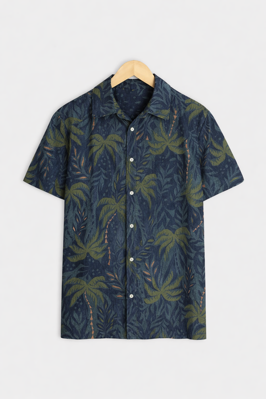 Navy_Leaves Casual short-sleeve button-up shirt - XPST