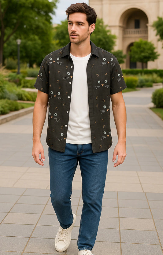 Black Cat Printed Mens Half Sleeves Shirt