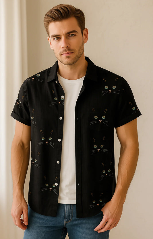 Black Cat Printed Mens Half Sleeves Shirt