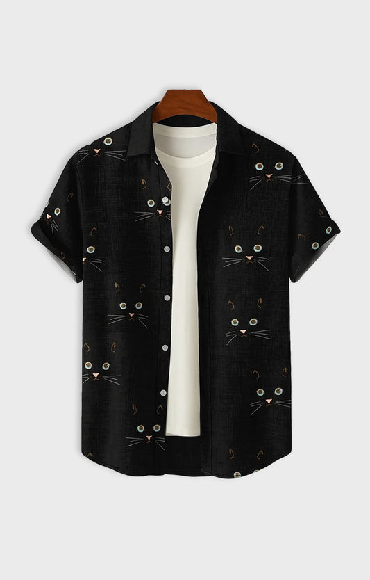Black Cat Printed Mens Half Sleeves Shirt