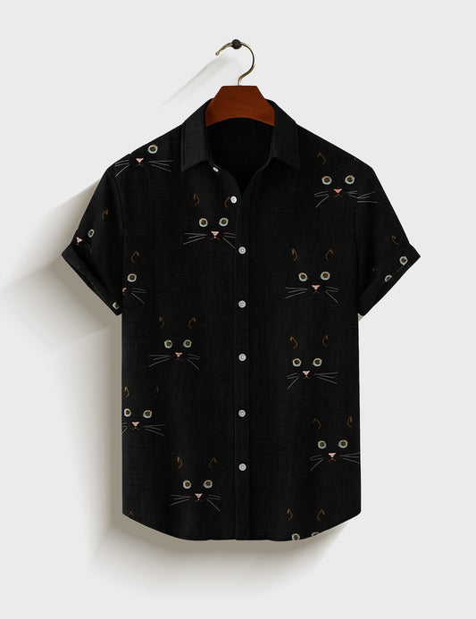 Black Cat Printed Mens Half Sleeves Shirt - XPST