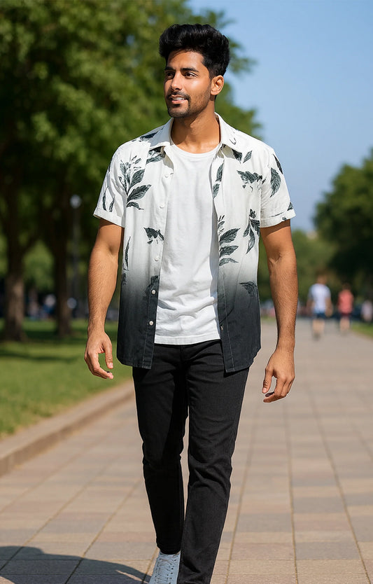 Black Half Leaves Printed Mens Half Sleeves Shirt