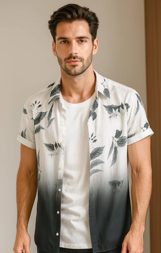 Black Half Leaves Printed Mens Half Sleeves Shirt