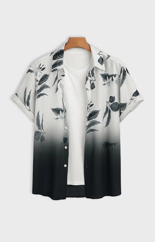 Black Half Leaves Printed Mens Half Sleeves Shirt