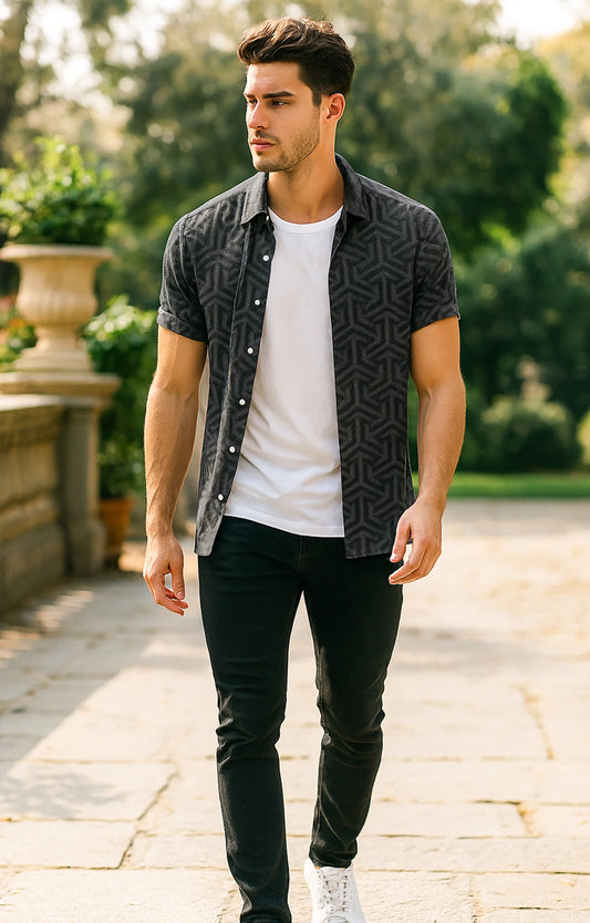 Black illusion Printed Mens Half Sleeves Shirt