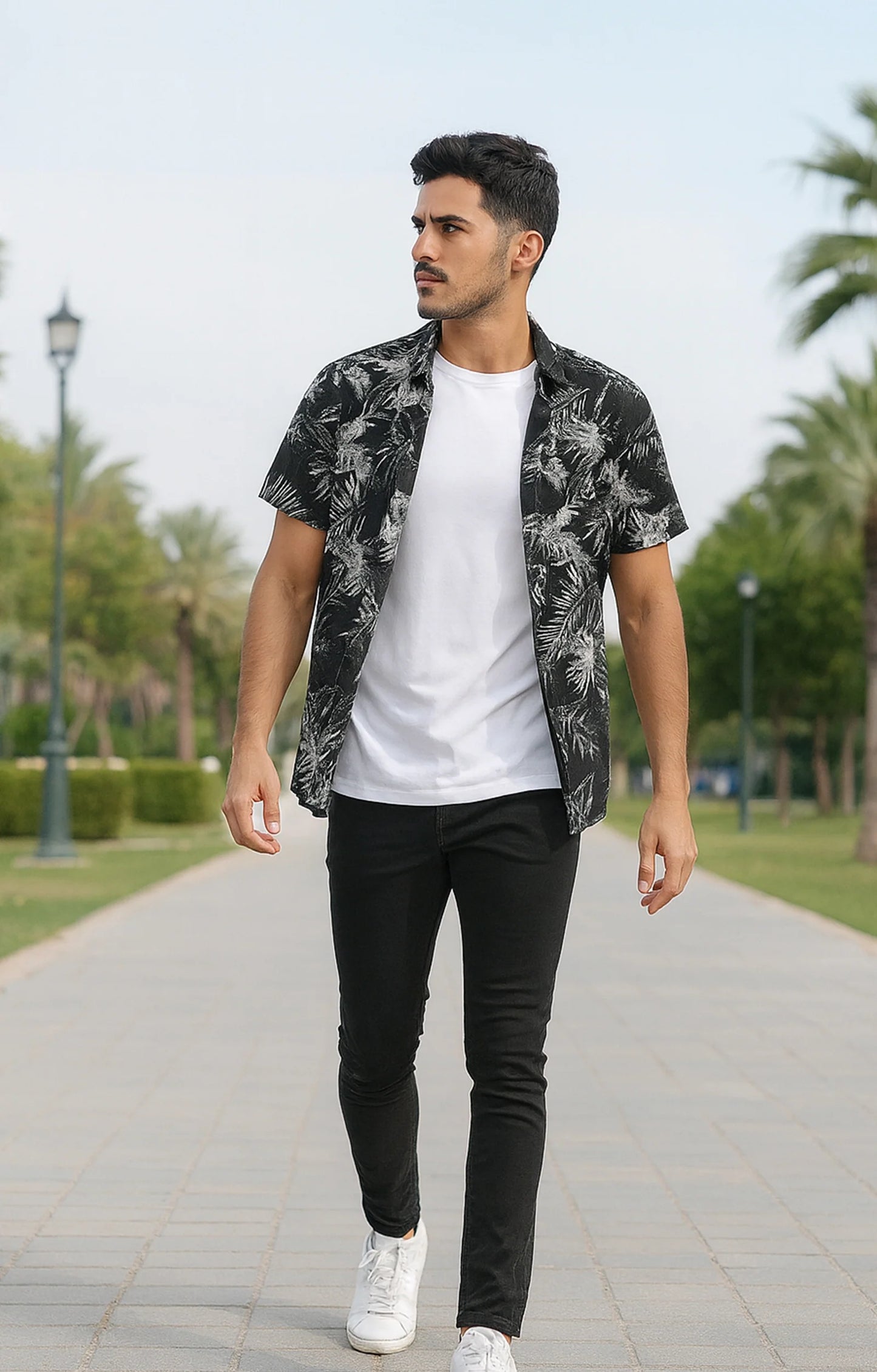 Black Leaves Printed Mens Half Sleeves Shirt