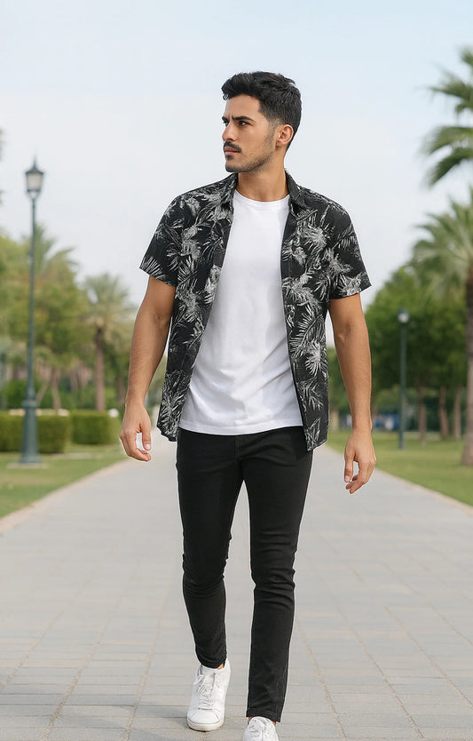Black Leaves Printed Mens Half Sleeves Shirt