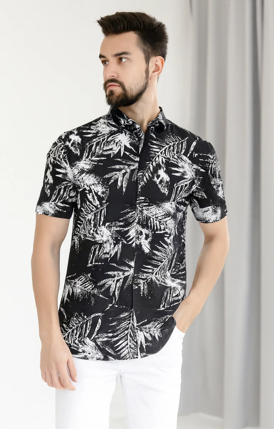 Black Leaves Printed Mens Half Sleeves Shirt