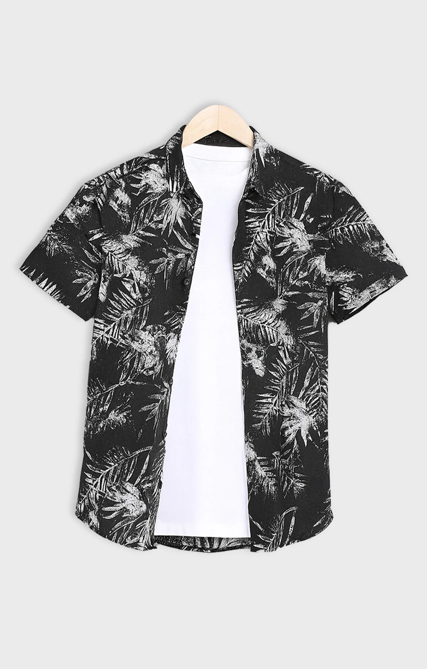 Black Leaves Printed Mens Half Sleeves Shirt