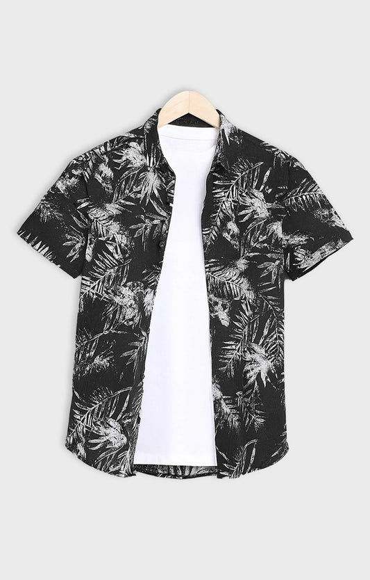 Black Leaves Printed Mens Half Sleeves Shirt