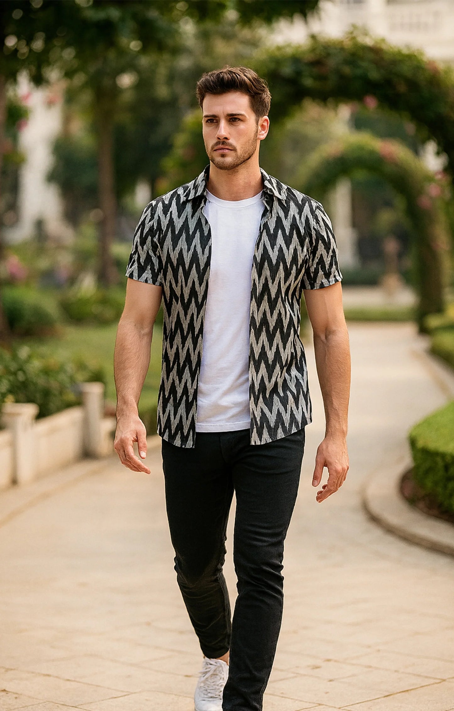 Black Zigzag Printed Mens Half Sleeves Shirt