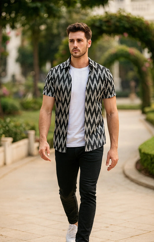 Black Zigzag Printed Mens Half Sleeves Shirt