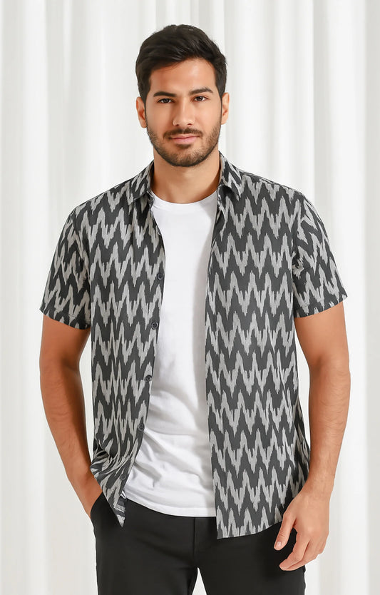 Black Zigzag Printed Mens Half Sleeves Shirt