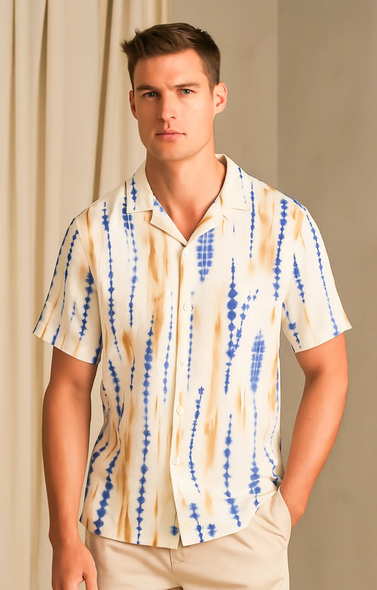 Cream Dotted Printed Mens Half Sleeves Shirt