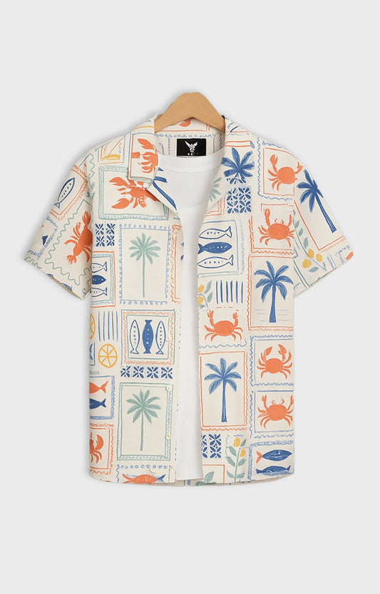 Cream Forest Printed Mens Half Sleeves Shirt