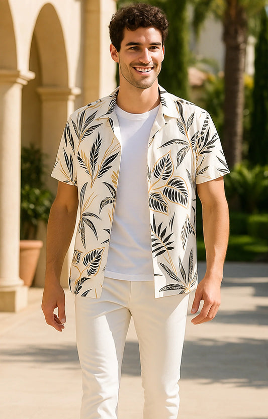 Cream Tender Printed Mens Half Sleeves Shirt