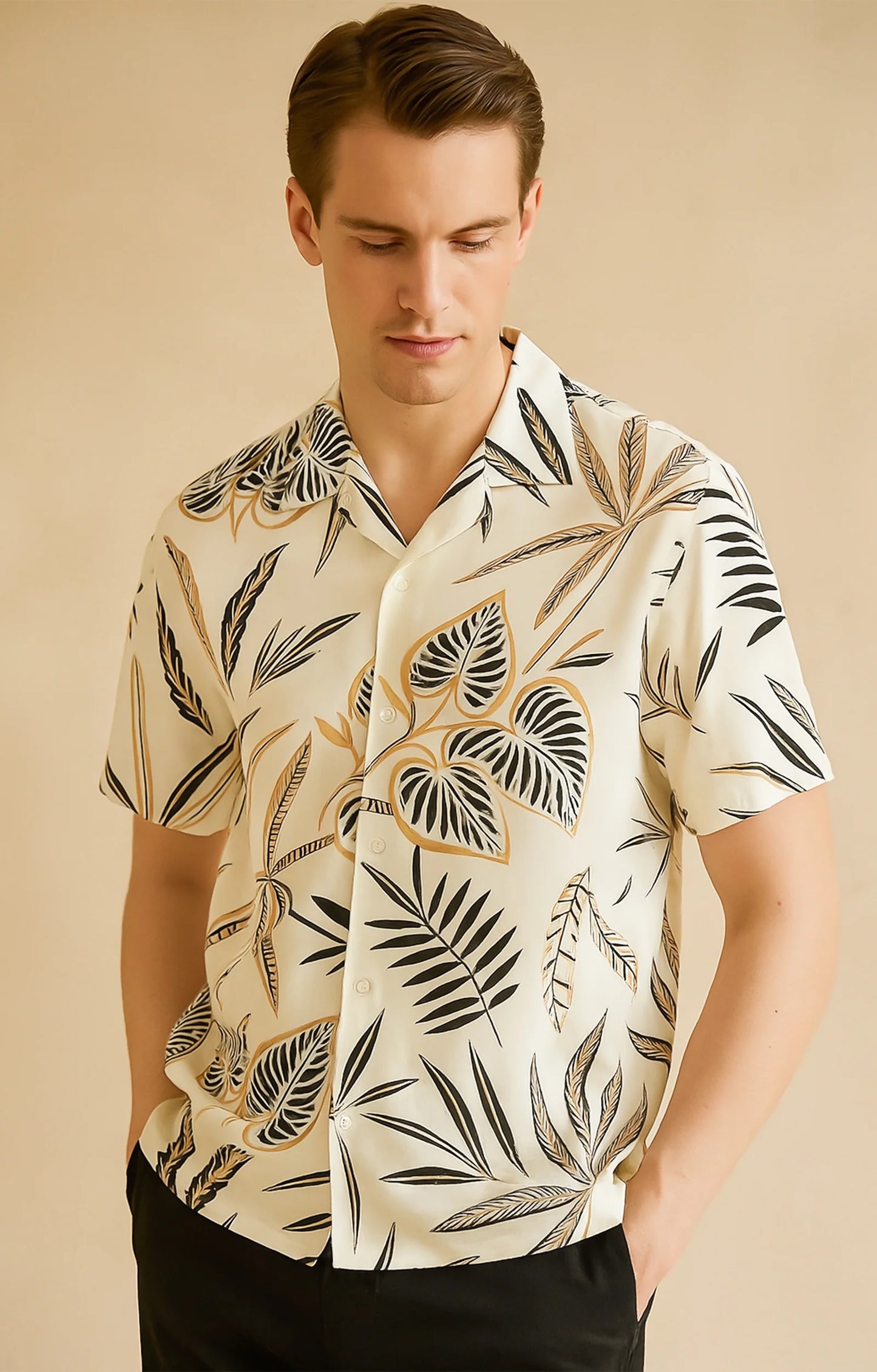 Cream Tender Printed Mens Half Sleeves Shirt