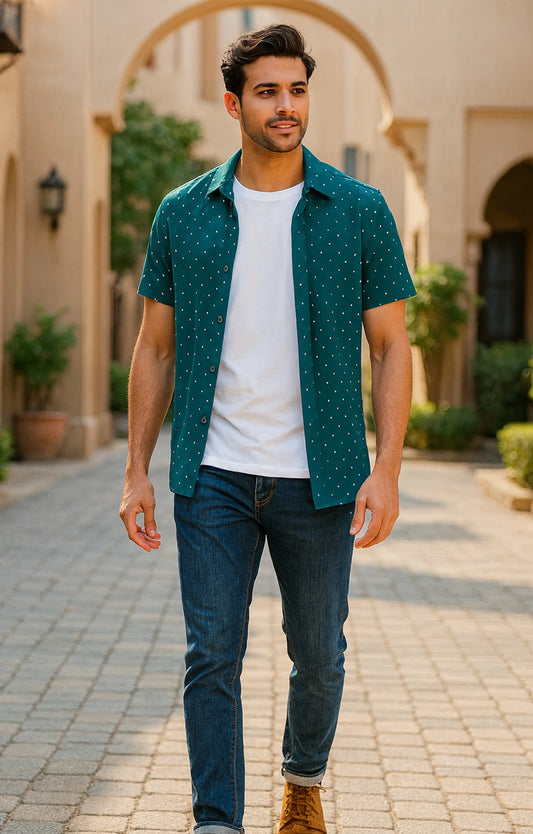Green Dotted Printed Mens Half Sleeves Shirt