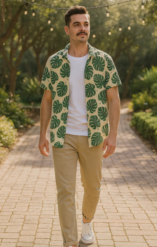 Green Leaves Printed Mens Half Sleeves Shirt