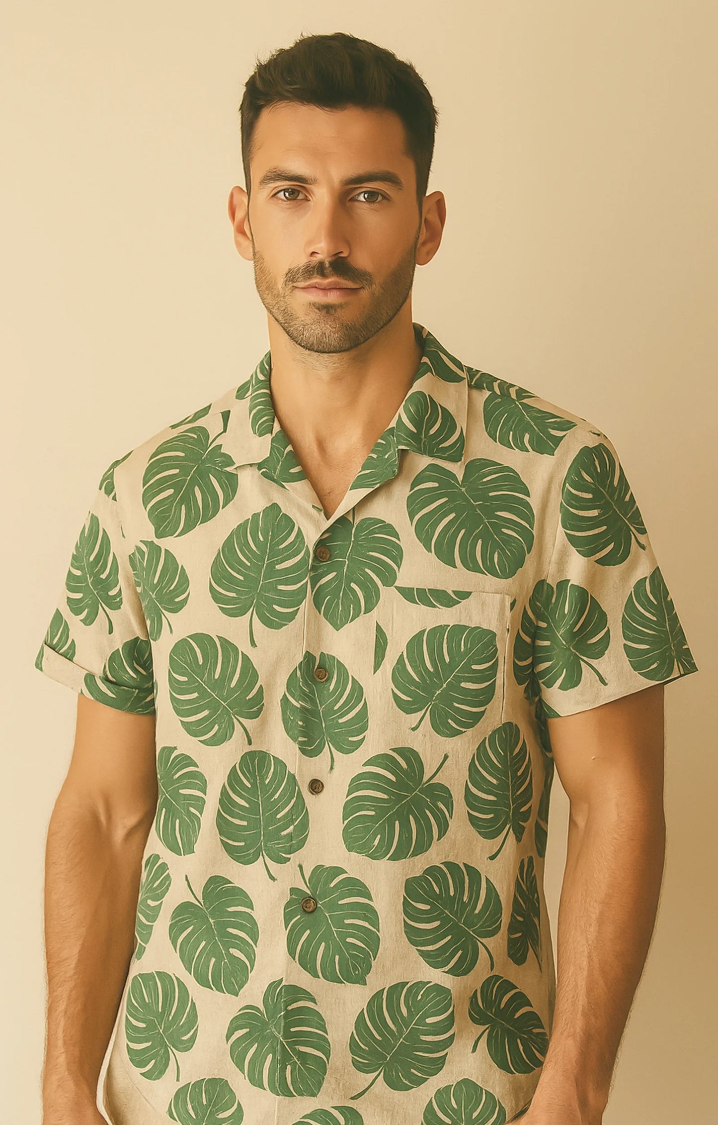 Green Leaves Printed Mens Half Sleeves Shirt