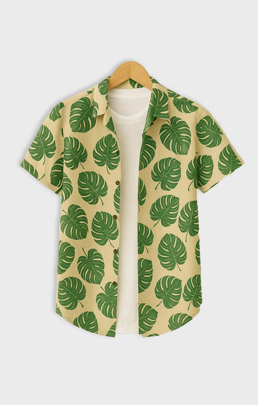 Green Leaves Printed Mens Half Sleeves Shirt