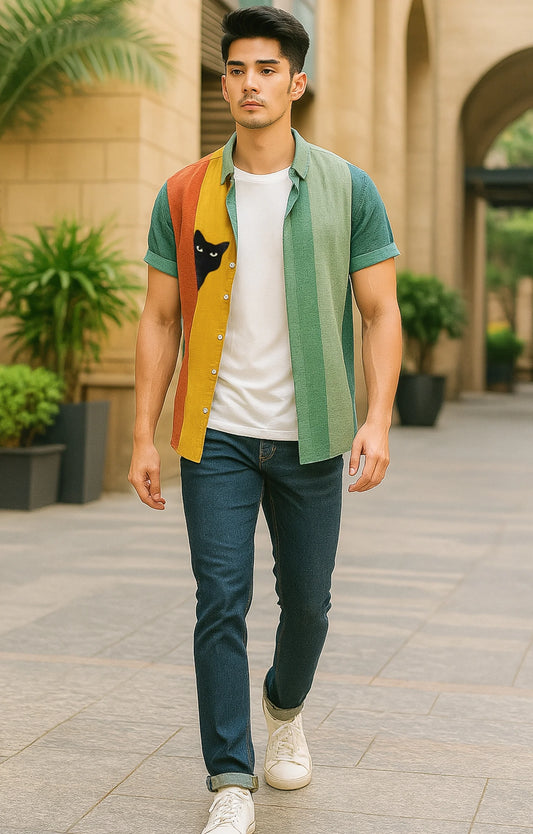 Multicolor Cat Printed Mens Half Sleeves Shirt