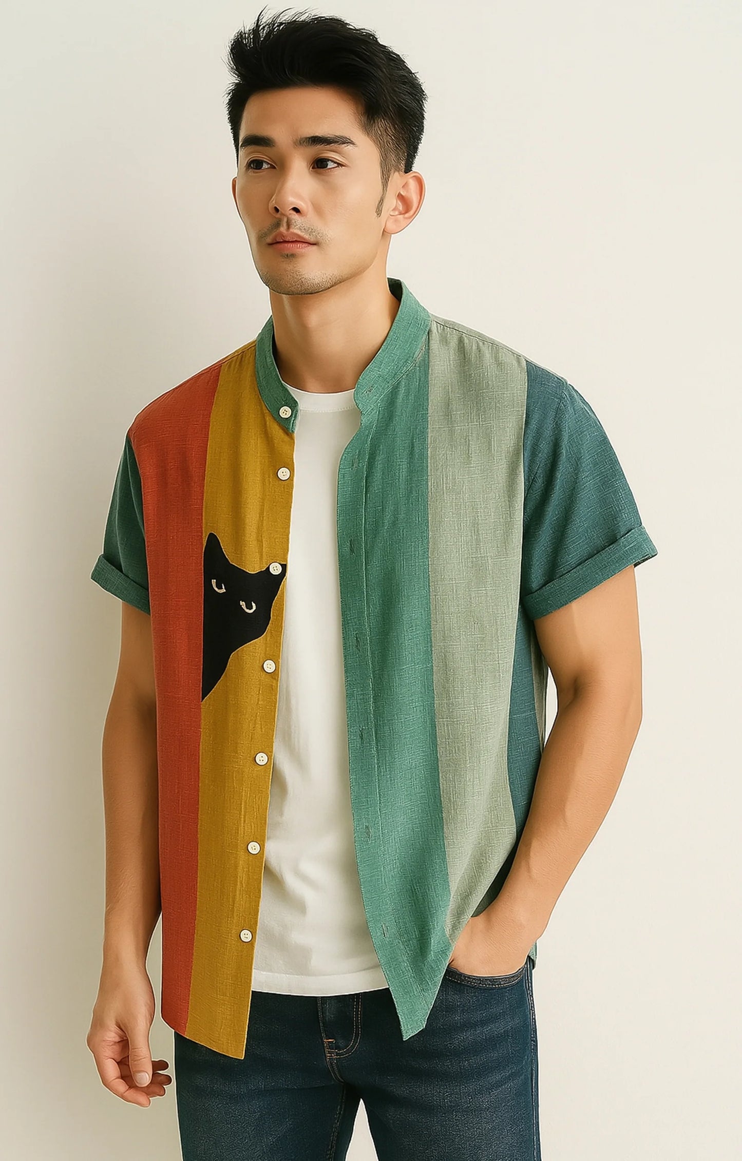 Multicolor Cat Printed Mens Half Sleeves Shirt