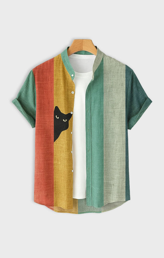 Multicolor Cat Printed Mens Half Sleeves Shirt