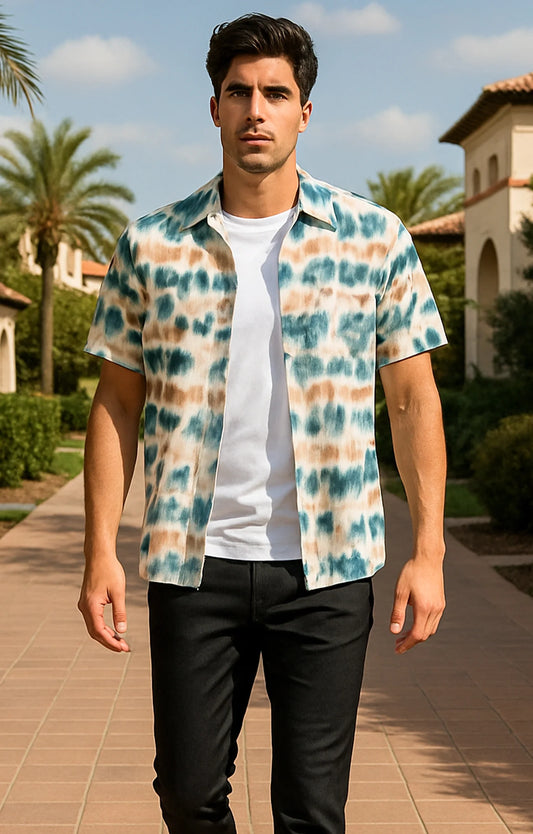 Multi Watery Effect Printed Mens Half Sleeves Shirt