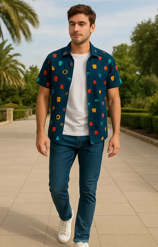 Navy Geometry Printed Mens Half Sleeves Shirt