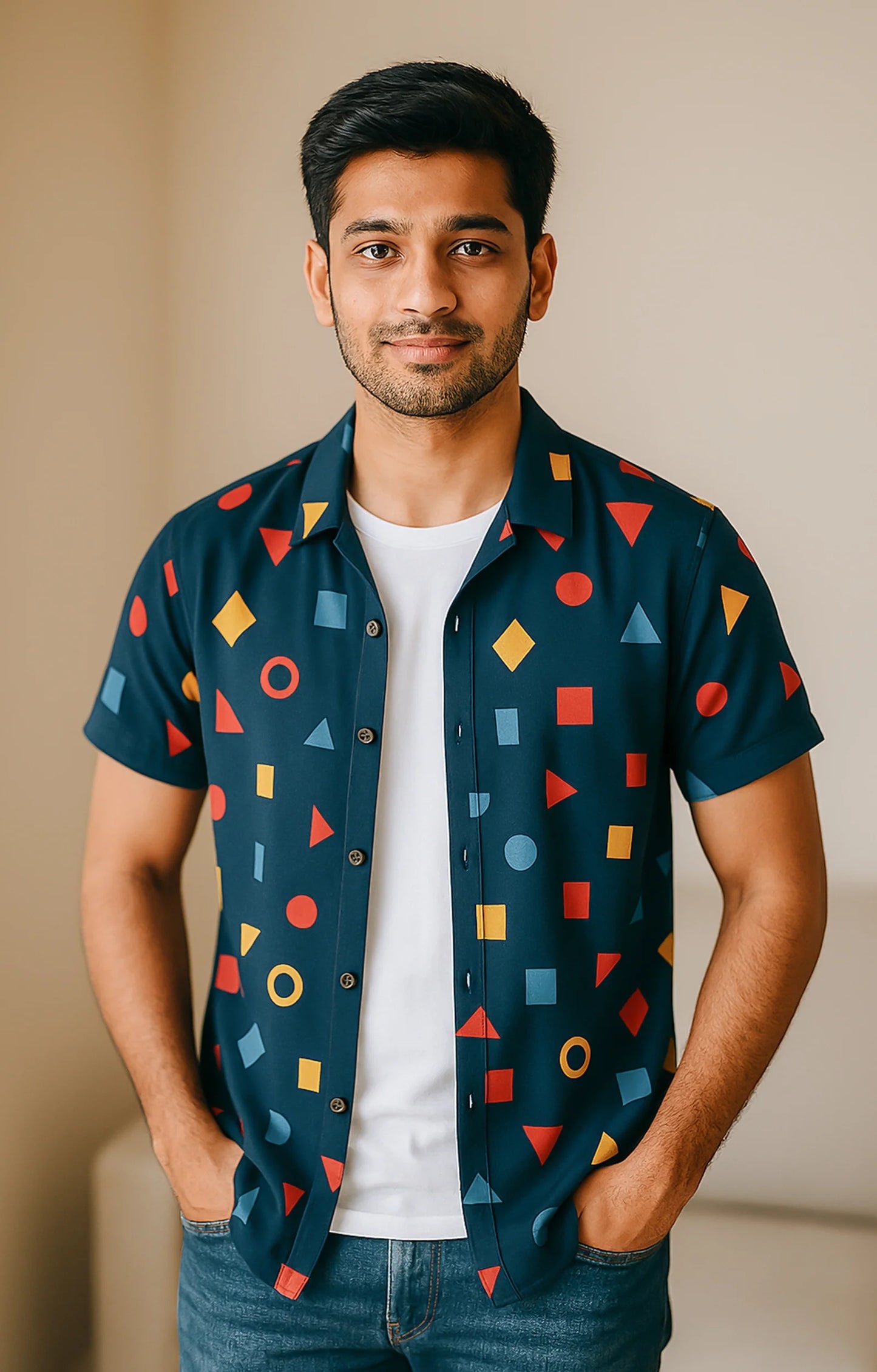 Navy Geometry Printed Mens Half Sleeves Shirt