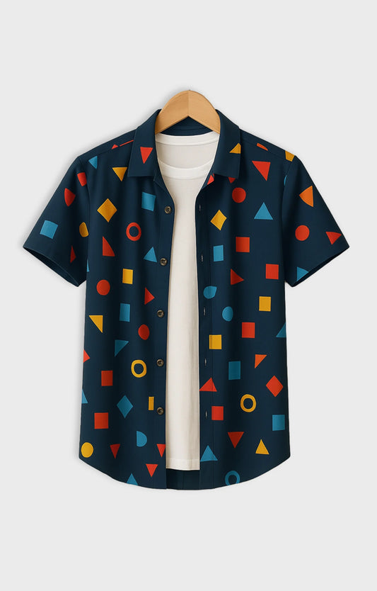 Navy Geometry Printed Mens Half Sleeves Shirt