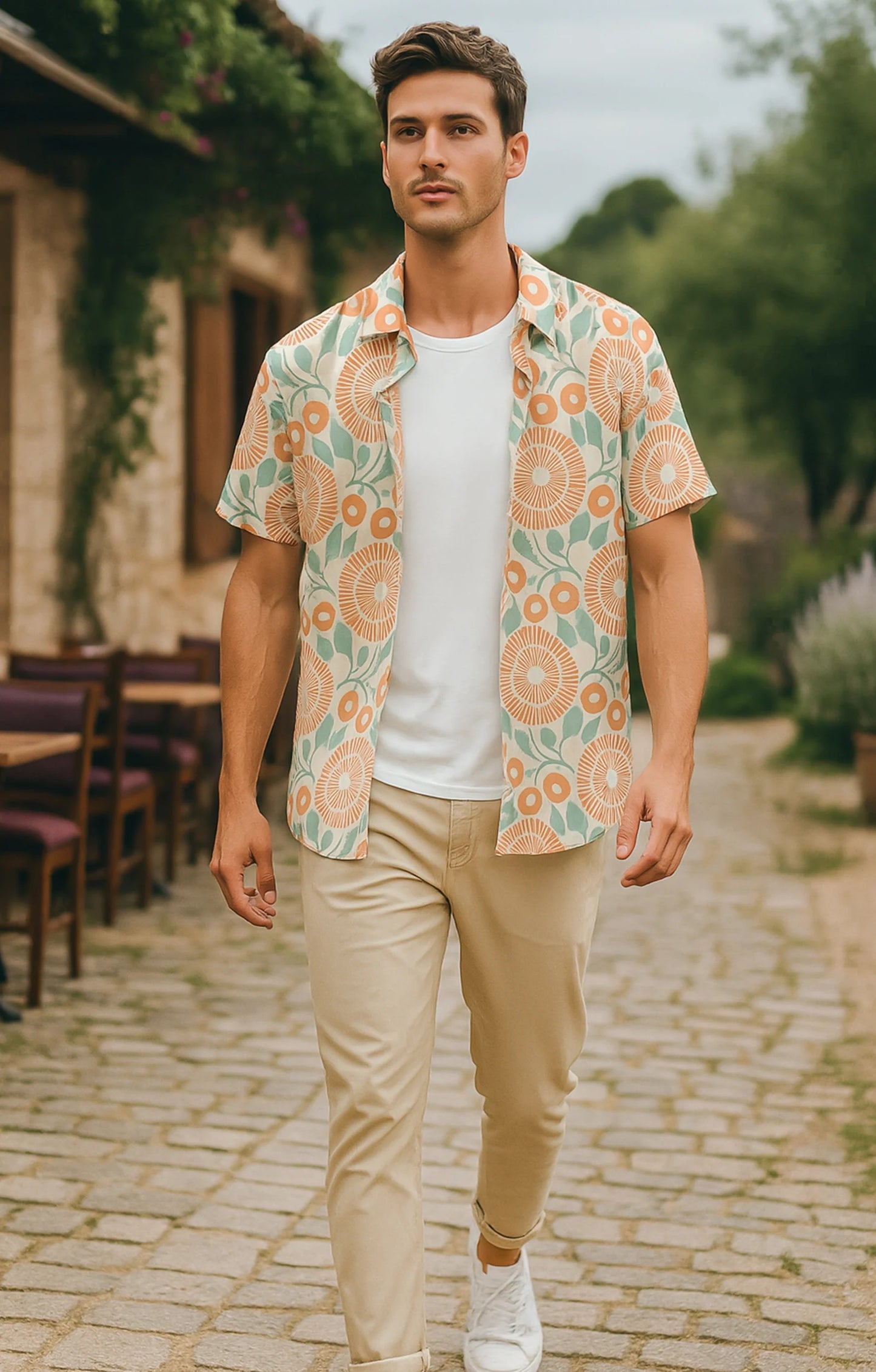 Orange Circle Printed Mens Half Sleeves Shirt
