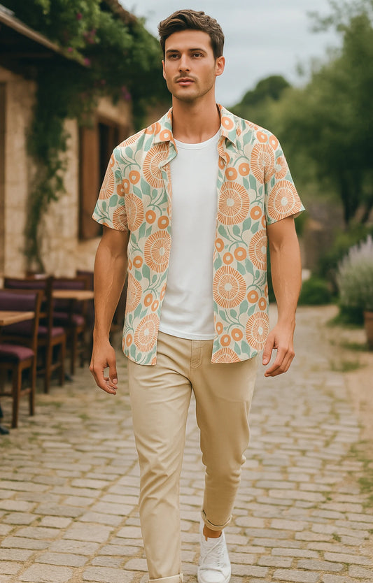 Orange Circle Printed Mens Half Sleeves Shirt