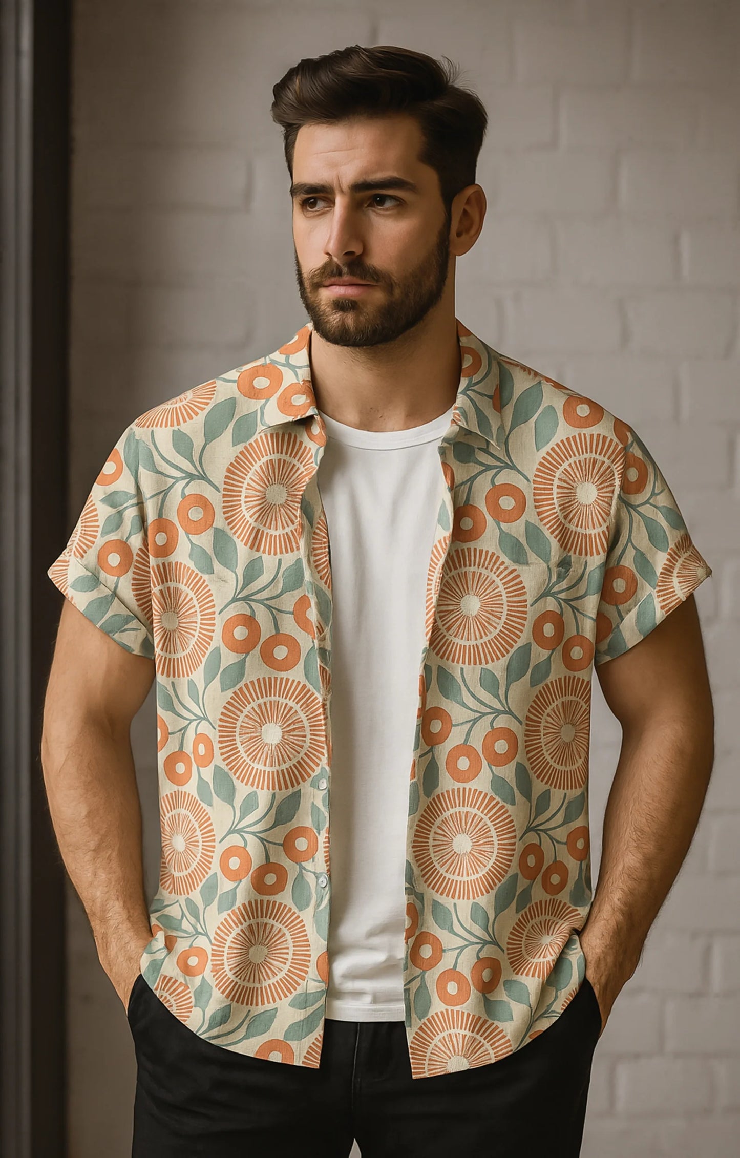 Orange Circle Printed Mens Half Sleeves Shirt