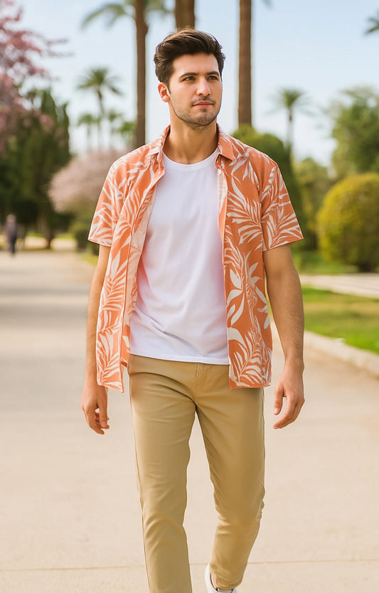 Orange Floral Printed Mens Half Sleeves Shirt