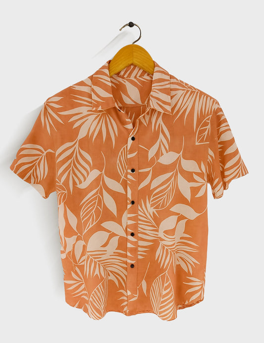 Orange Floral Printed Mens Half Sleeves Shirt - XPST