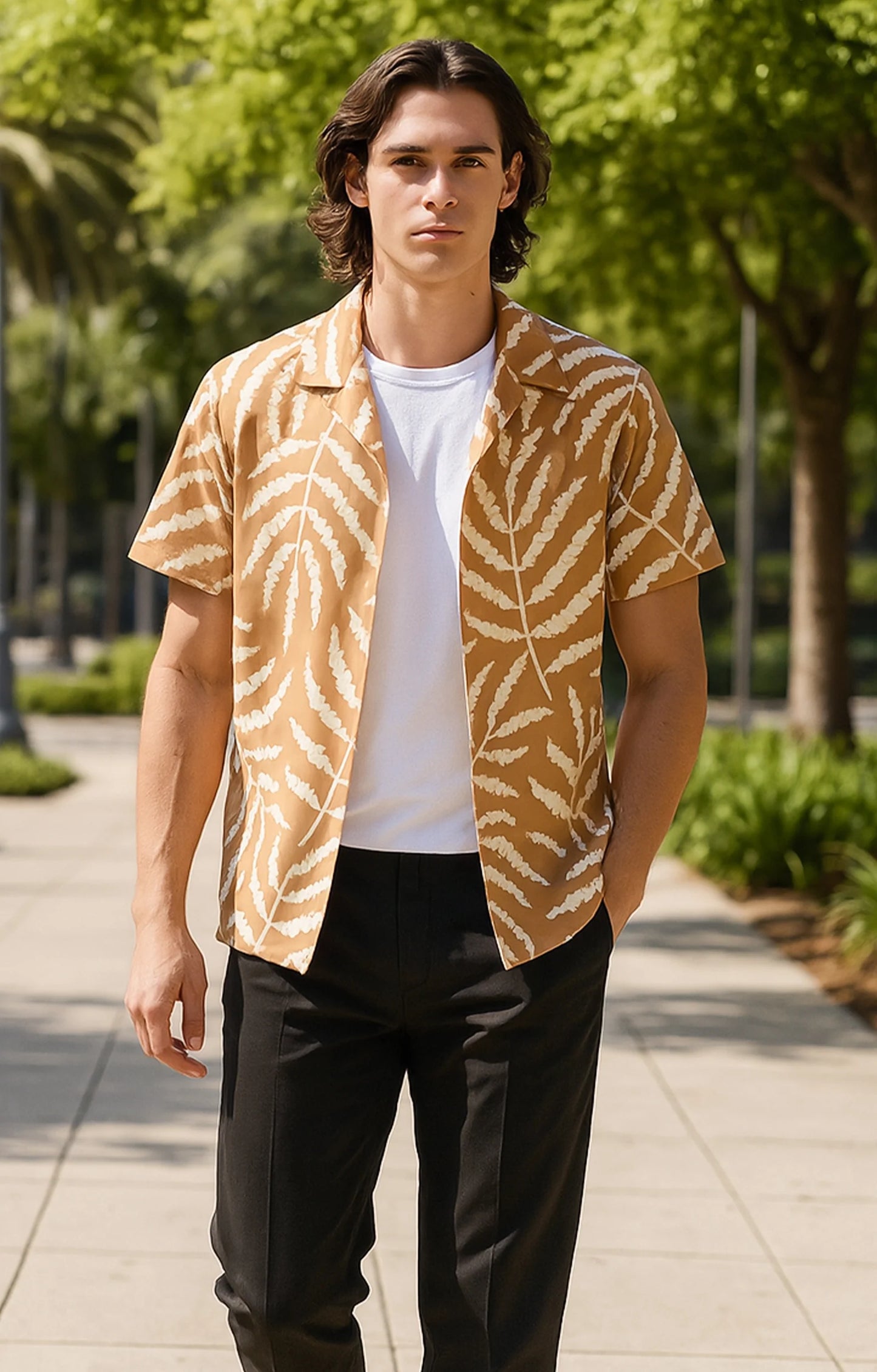Orange Leaves Printed Mens Half Sleeves Shirt