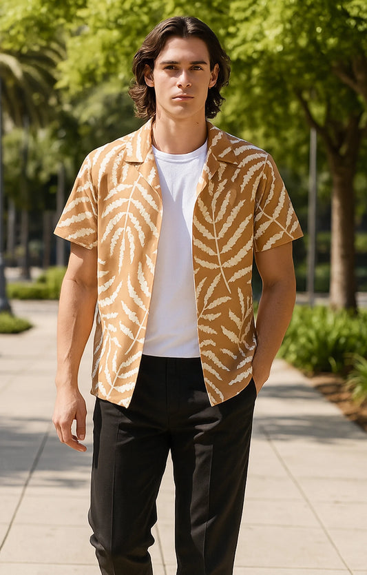 Orange Leaves Printed Mens Half Sleeves Shirt