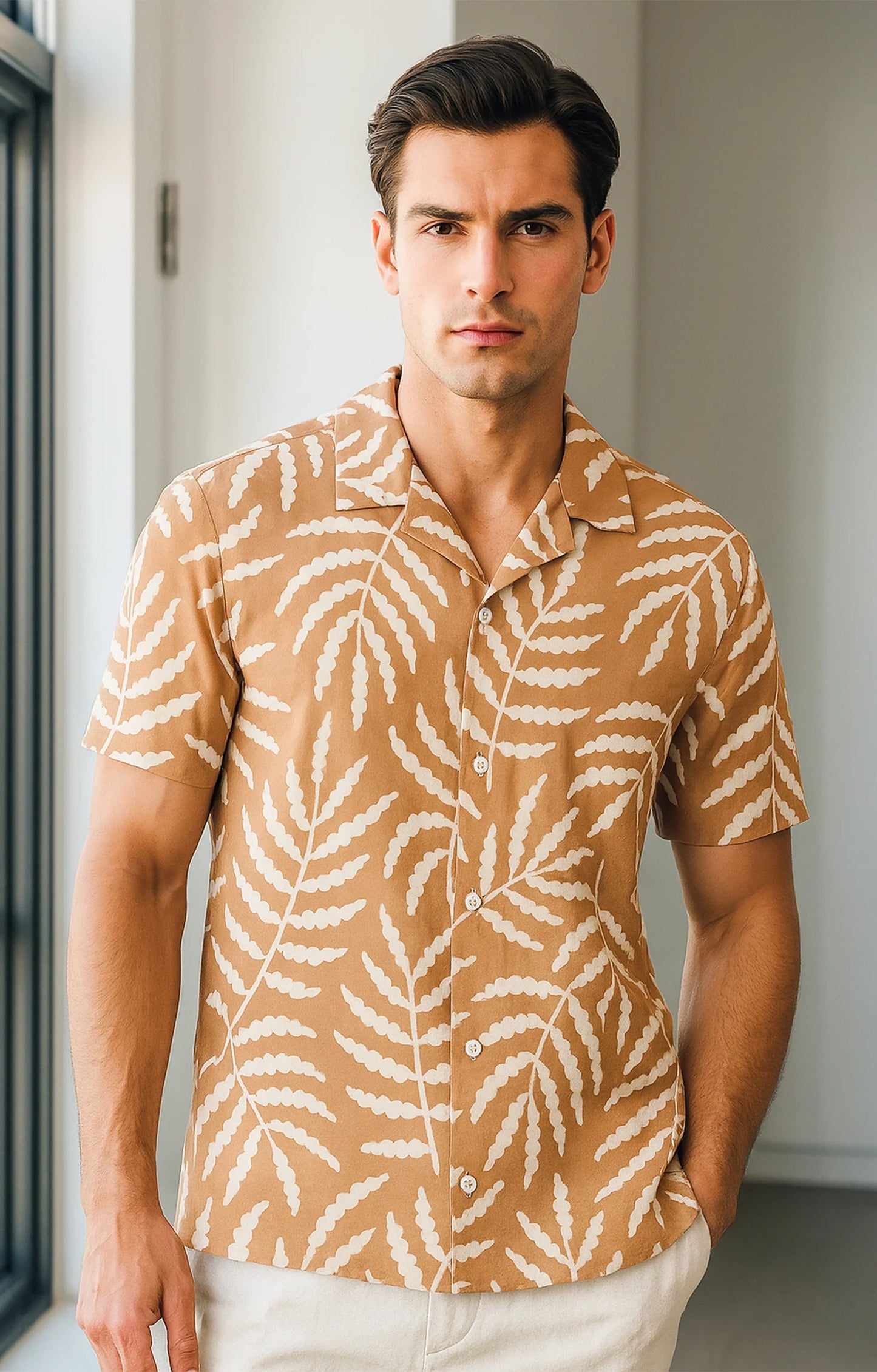 Orange Leaves Printed Mens Half Sleeves Shirt