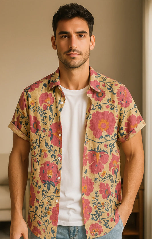 Pink Flower Printed Mens Half Sleeves Shirt
