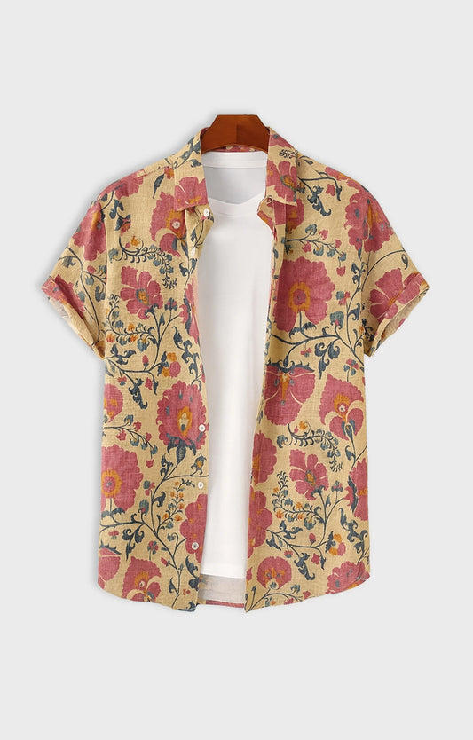 Pink Flower Printed Mens Half Sleeves Shirt