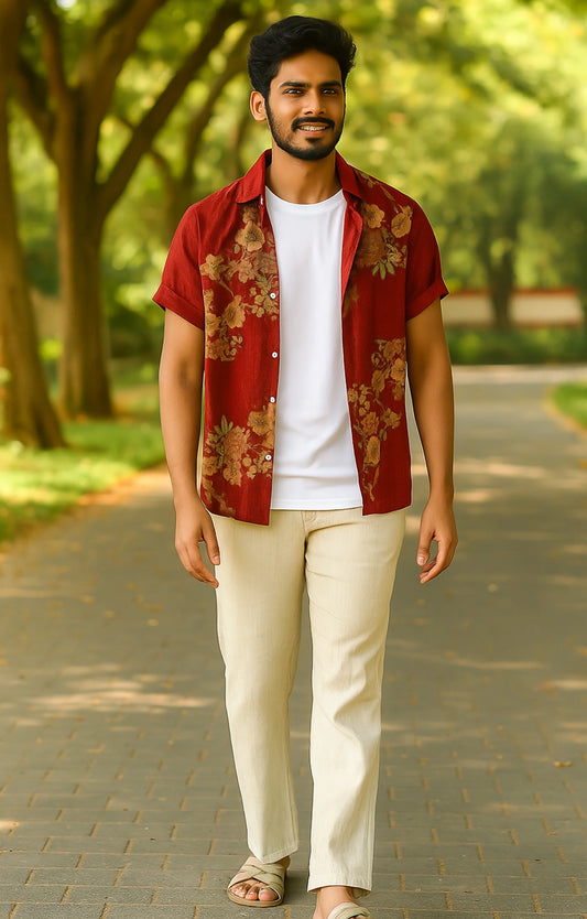 Red Flower Printed Mens Half Sleeves Shirt