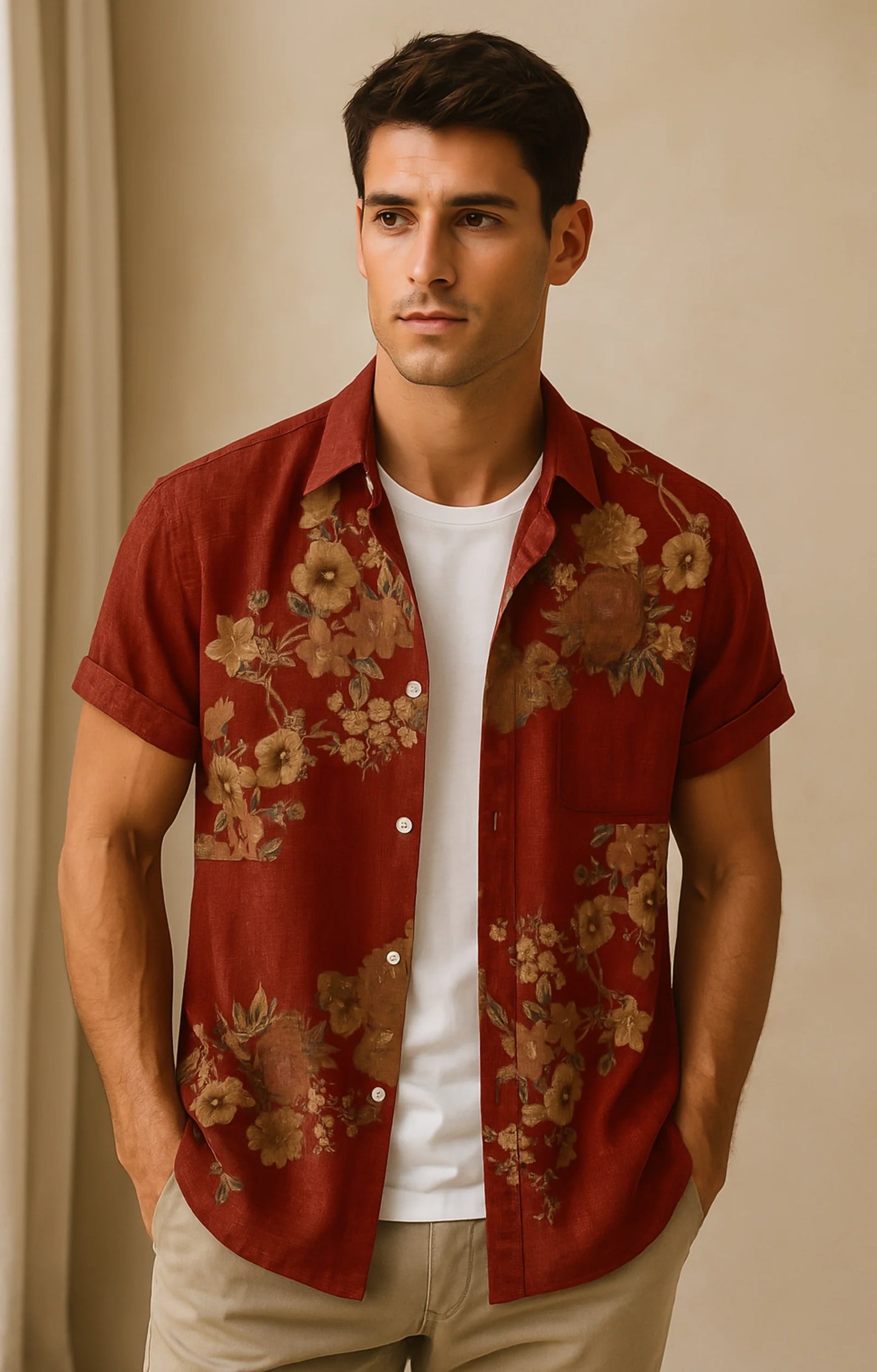 Red Flower Printed Mens Half Sleeves Shirt