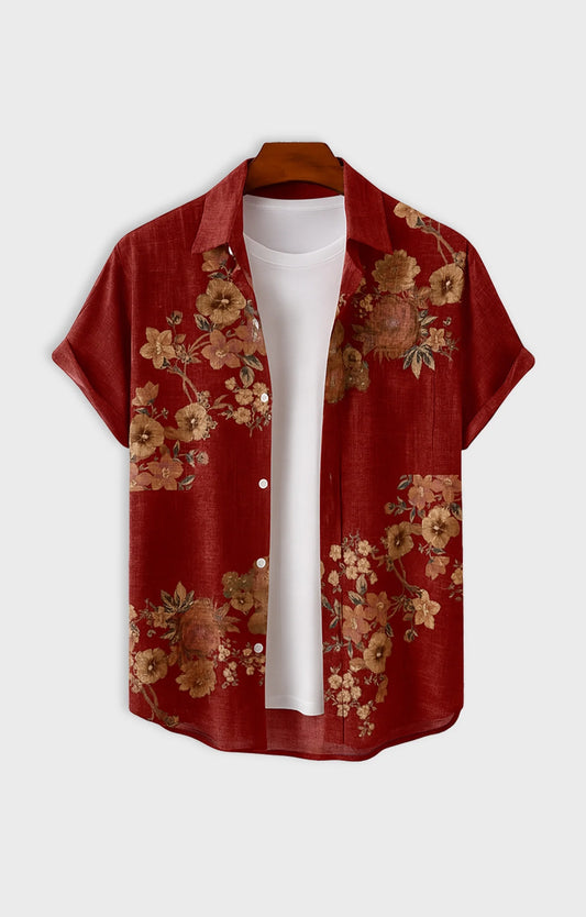 Red Flower Printed Mens Half Sleeves Shirt